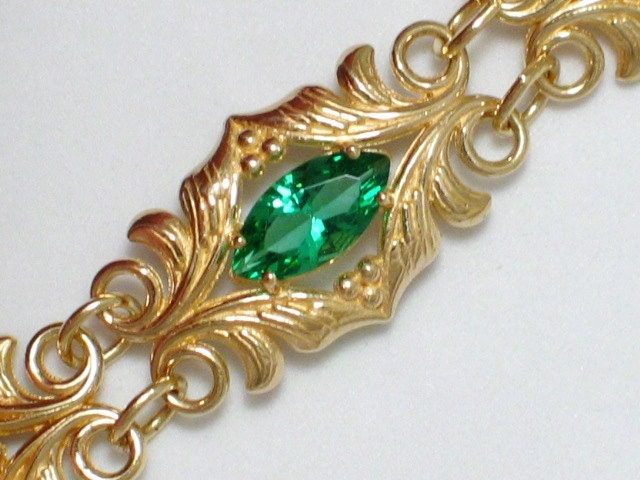 10k w/ emerald Obsidianite gemstone Black Hills Gold tri color green rose yellow victorian type filigree leaves link bracelet size 7 1/16 in