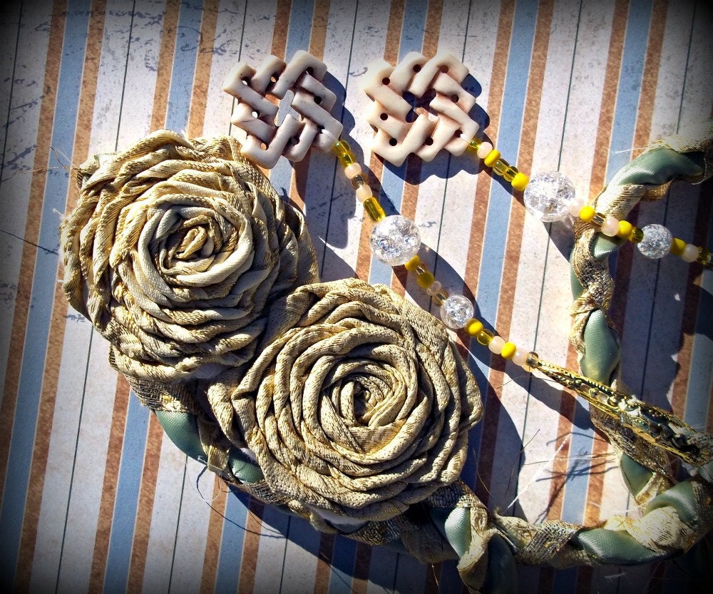 Handfasting Cord Golden Roses Made of Sari Fabric w Carved Bone Celtic Knots