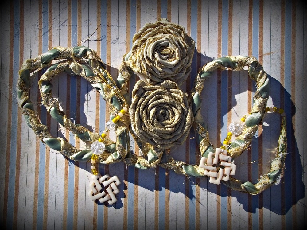 Handfasting Cord Golden Roses Made of Sari Fabric w Carved Bone Celtic Knots