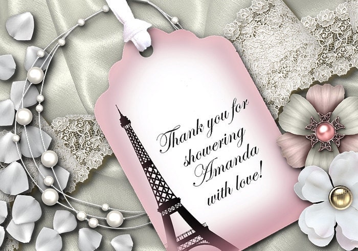 12 Favor Tags , Gift Tag, Wedding, Bridal, Baby Shower, Birthday, Anniversary, Eiffel Tower, Pink, Personalized