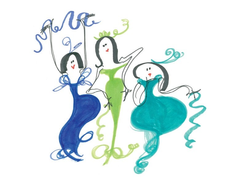 CRAZY LADIES - Printed Card - 3  Fashionista Sisters Friends Bridesmaids Beauty Pageant in Blue Green & Teal with Swirls Ribbons Streamers