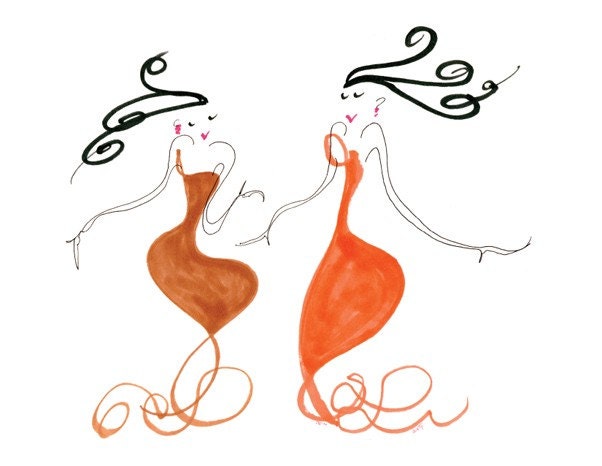 CRAZY LADIES - Printed Card - 2  Whimsical Black-haired Fashionistas Friends Sisters Bridesmaids Twins in Orange & Brown Dresses with Swirls