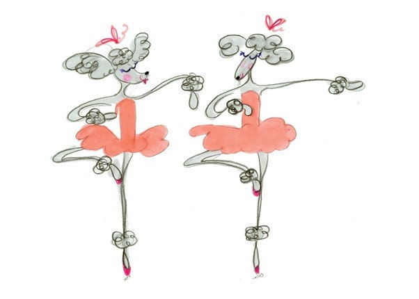 POODLES EN POINTE - Printed Card - 2 Fanciful Grey Dancing Poodle Ballerinas in Coral Pink Tutus and Bright Pink Hair Bows