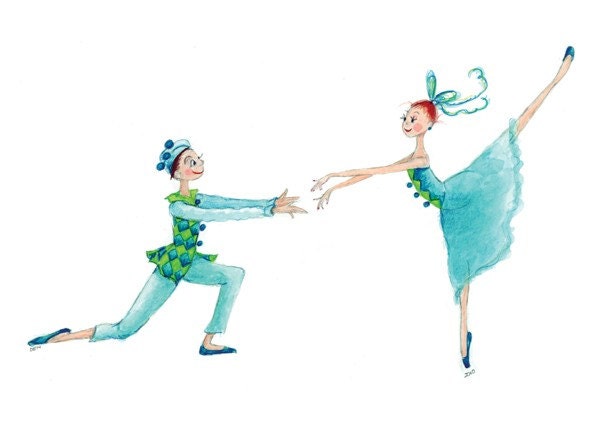 THE NUTCRACKER - Harlequin and Columbine - Printed Card - Two Magical Dancing 'Dolls' in Teal/Aqua and Green