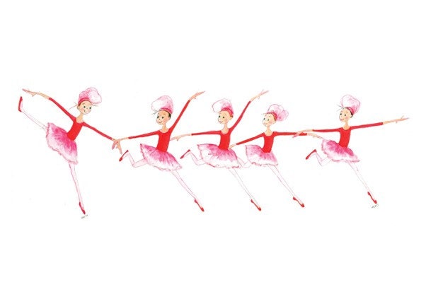 THE NUTCRACKER - The Chefettes - Printed Card -  5 Girls in Red & Pink Tutus Red Ballet Slippers and Chef Hats Dancing in a Row - TheArtfulBumblebee