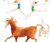 Little Lady Godiva - INDI , IRIS and JANIE - Poster (Printed) 18" (high) x 12" (wide) 2 Girls Jumping with Beach  Ball above Red Horse