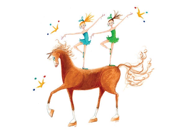 Little Lady Godiva - INDI, IRIS & JANIE -  Poster (Printed) 18" (wide) x 12" (high) 2 Cute Ballerinas in Green Blue with Tiaras on Red Horse