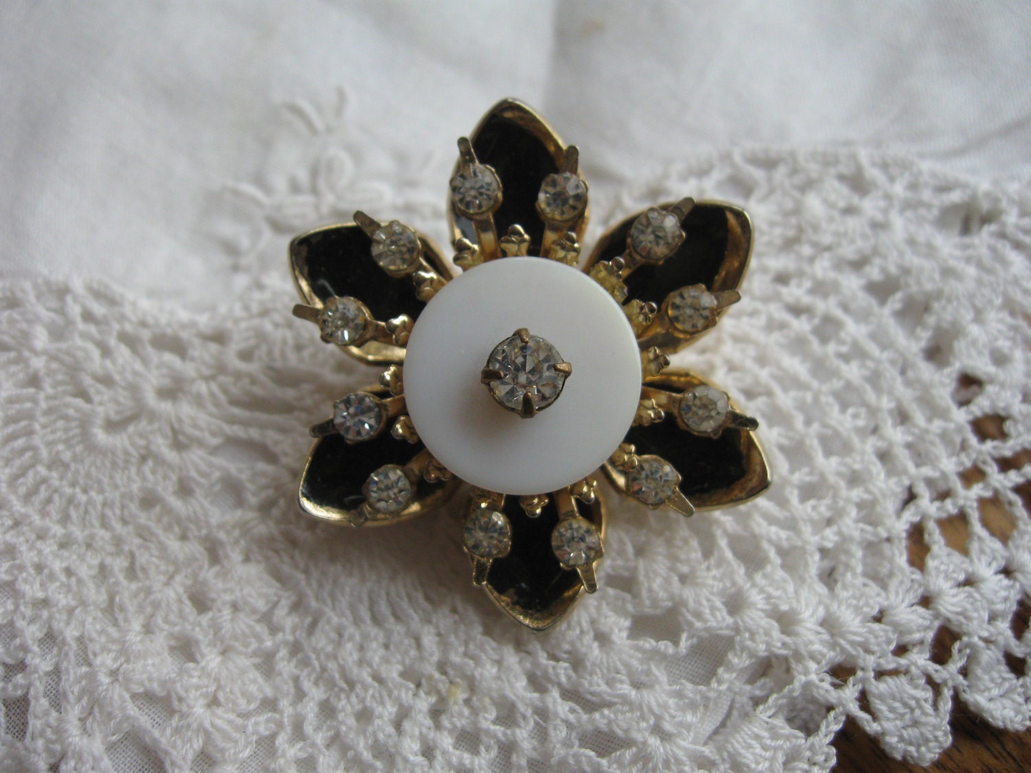 RESERVED for Elizabeth -Vintage Coro Black Enamel, Rhinestone and MOP pin