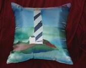 Silk Pillow Cover,New England Lighthouse, Home Decor--Hand Designed,ON SALE