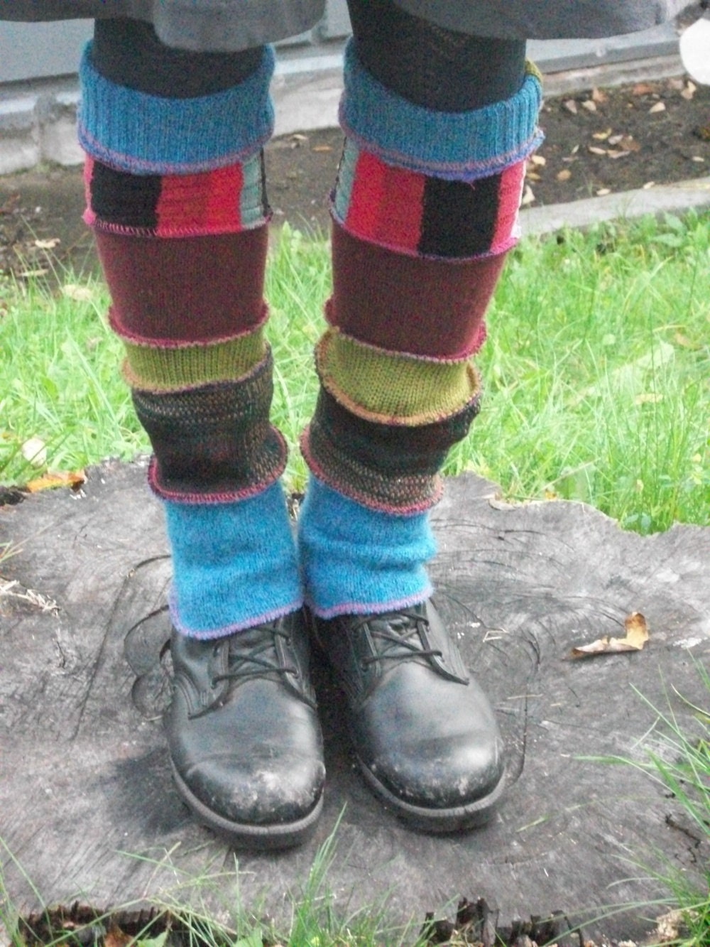 Harry and the Hippie Chic Upcycled Recycled Reconstructed Ooak Blue Multi Patchwork Leg Warmers