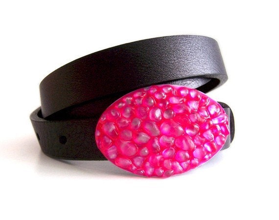 Small Oval Belt Buckle Military Style Recycled Glass Embellished Metal Buckle Fuchsia Glossy Enamel Finish