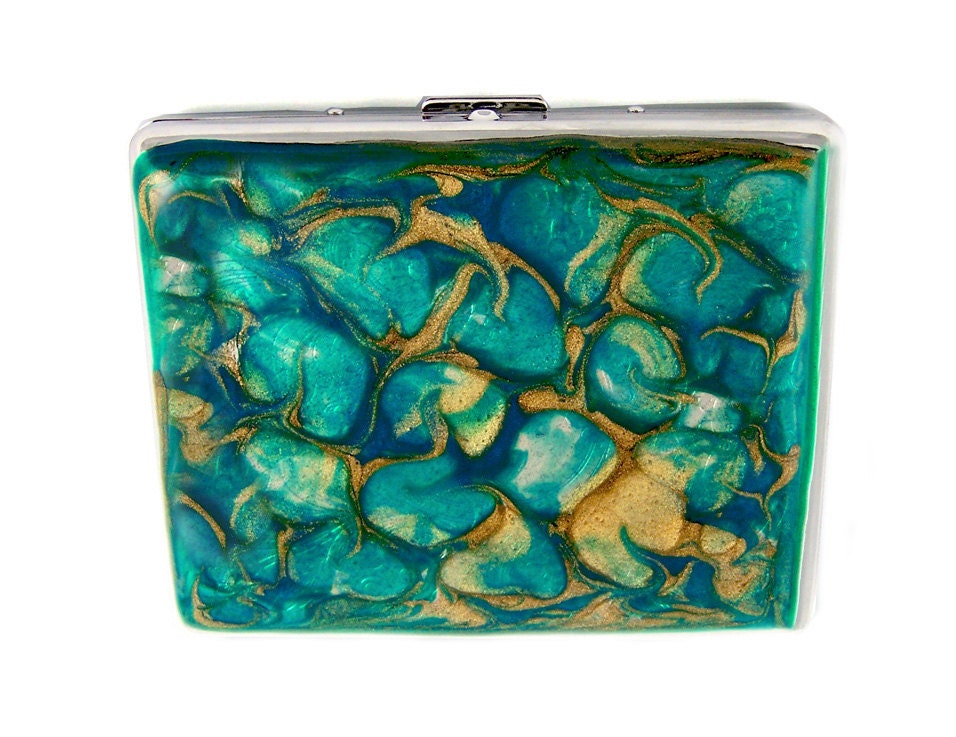 Metal Cigarette Case Metal Wallet Turquoise and Gold Extra Large Business Card Case Hand Painted Hand Clutch with Glossy Enamel Finish
