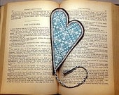 Turquoise Fabric Bookmark Heart Cream and Brown Modern Damask