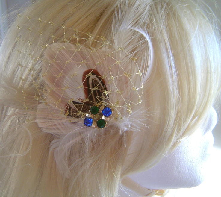 Ivory Peacock Feather Clip w/ Pheasant and Gold Netting Vintage Rhinestone Elegant Wedding Fascinator Clip