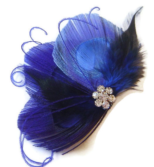 Peacock Feather Hair Clip BLUE BUTTERFLY Feather and Rhinestone Wedding Hair Fascinator Clip Bridal Party - maggpieseye