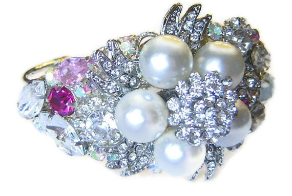 BRIDAL Rhinestone Bracelet OOAK Statement Piece Heirloom Pink Pearl and White Rhinestone Collage Cuff Bracelet