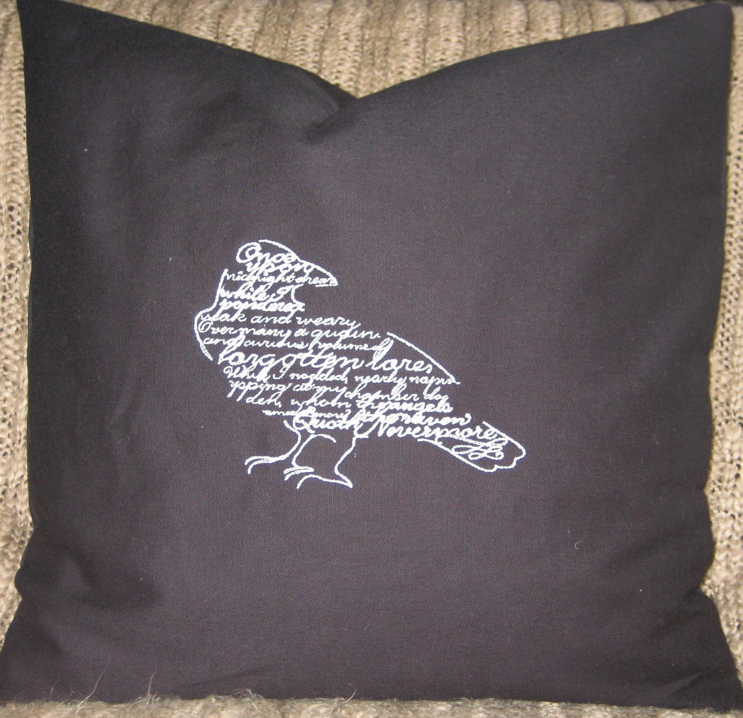 Wordy Bird "The Raven" Edgar Allan Poe Pillow Cover 18" x 18"  Black Cotton Fabric with White Embroidery