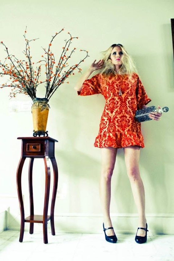 RESERVED for annie, Orange and Red Damask Shift Dress, Hand dyed, Ruffle Hem,
