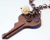vintage key, butterfly charm, carved mother of pearl flower, antiqued brass bronze chain - unique ooak