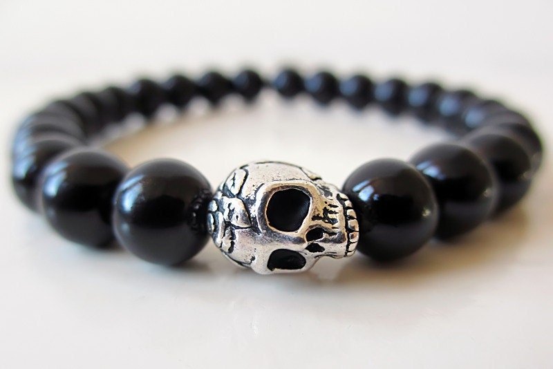 Skull Beaded Bracelet, Mens Skull Bracelet, Womens Skull Bracelet, Black Beaded Bracelet, Gothic Beaded Bracelet, Silver Skull, Obsidian