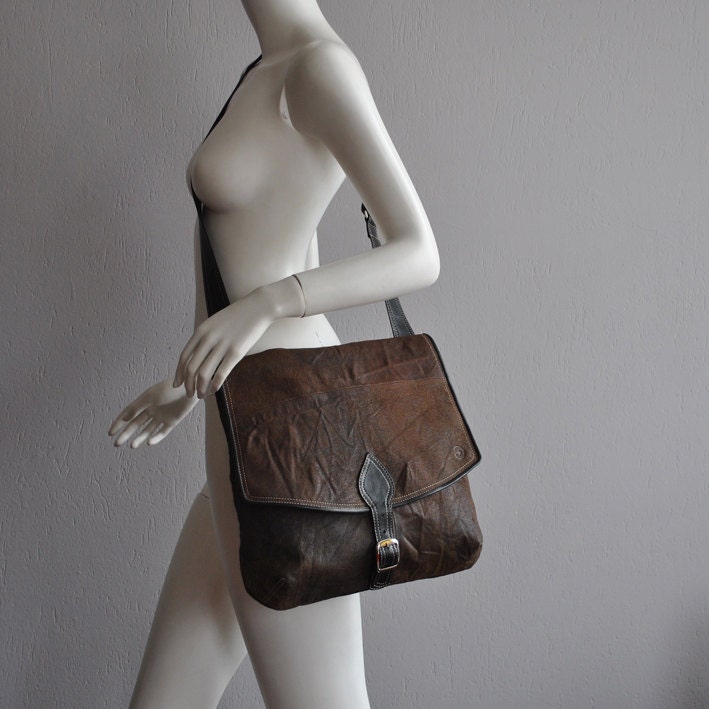 MTS Brown messenger bag with black details, RECLYCLED LEATHER