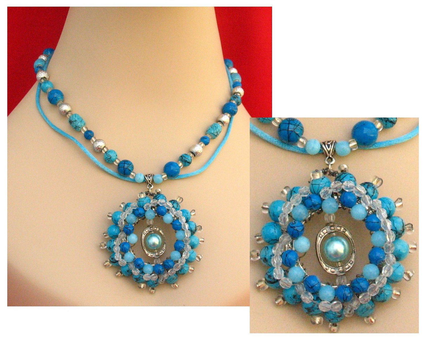 Turquoise Blue Woven Pendant Necklace, Jewelry Handmade Women's Fashion Accessories Beaded