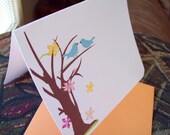 Personalized Two blue birds in a tree set of 10 notecards w/ orange envelopes