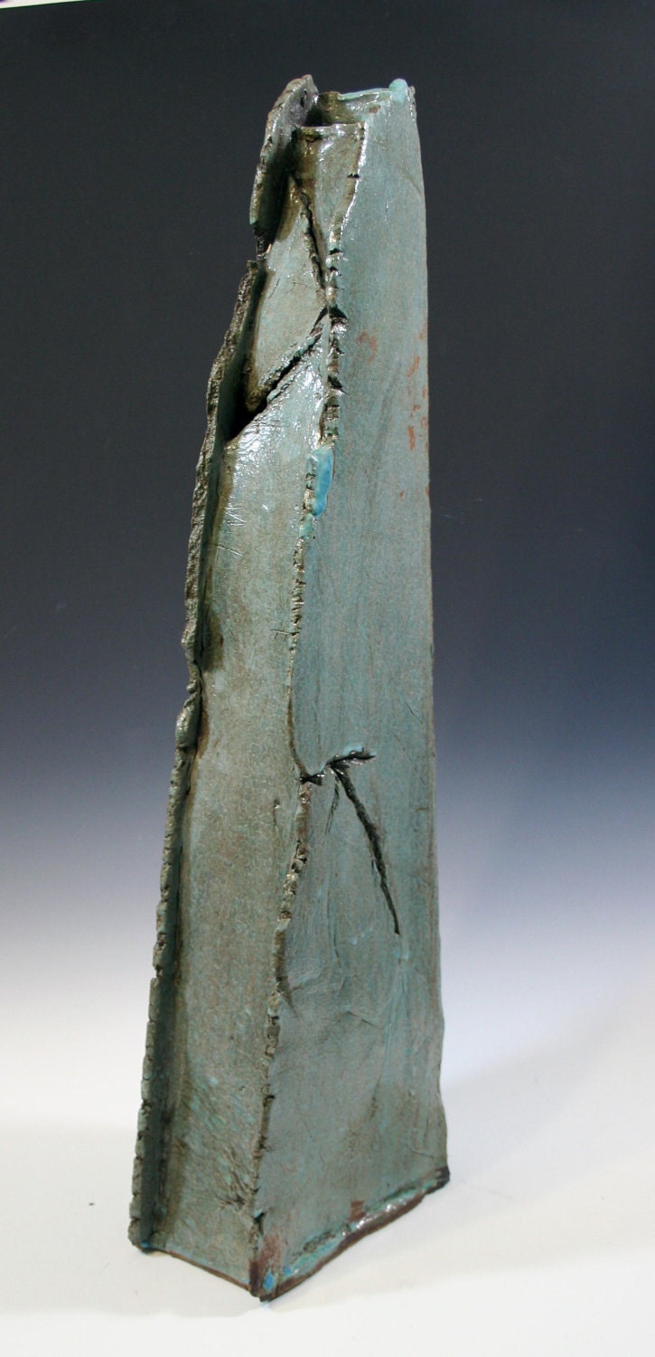 HandMade Ceramic Clay Art Altar Podium with green patina glaze