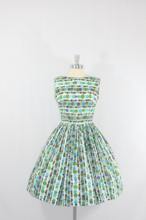 Cotton Summer Dress - 1950's Vintage - Blue and Green Polka Dot Cotton Full Skirt Summer Dress