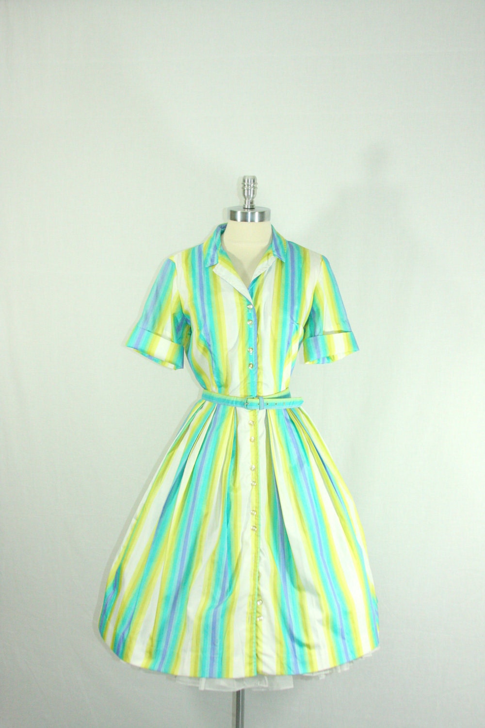 30% off....... Striped Dress - 1950s Aqua Green Yellow and White Striped POLISHED COTTON Full Skirt Frock
