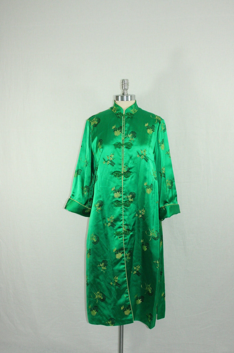 1950's Vintage Coat - Fabulous Silk Emerald Green Asian Rayon Long Jacket