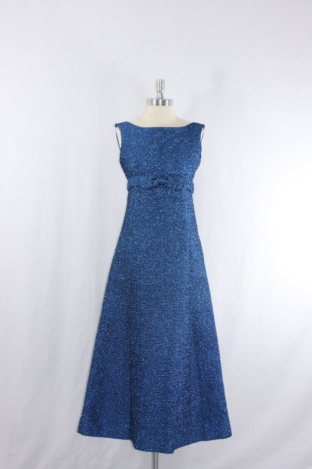 1960's Vintage Dress & Matching Coat - Rich Blue Metallic Full Length Cocktail Frock and Coat