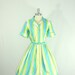 30% off....... Striped Dress - 1950s Aqua Green Yellow and White Striped POLISHED COTTON Full Skirt Frock