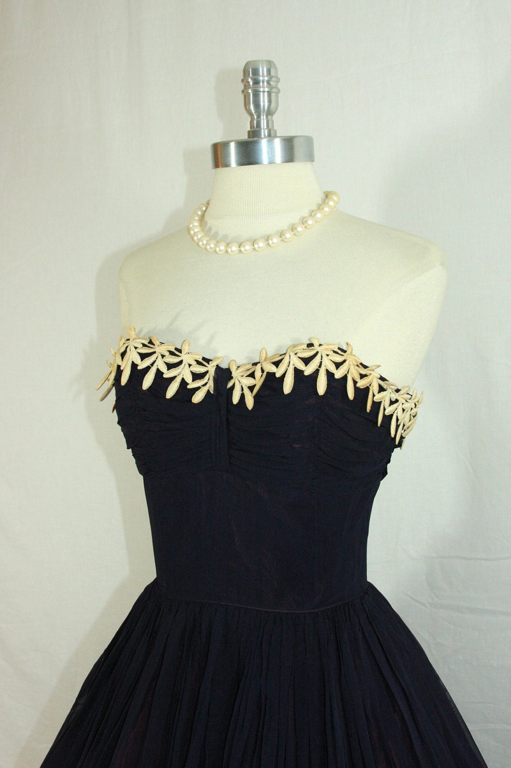 1950s Party Dress - Wonderful Vintage Navy Blue Silk Chiffon Strapless Circle Skirt Cocktail Wedding Party Frock