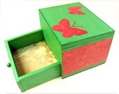 Hand Painted  Wooden Jewelry Box - Pink and green butterflies