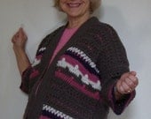 Women's Sweater - Crochet Taupe/Rose Sunset Cardigan, L