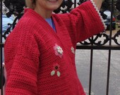 Red Sweater Cardigan - Scarlet Red Crochet, Floral Appliques, L