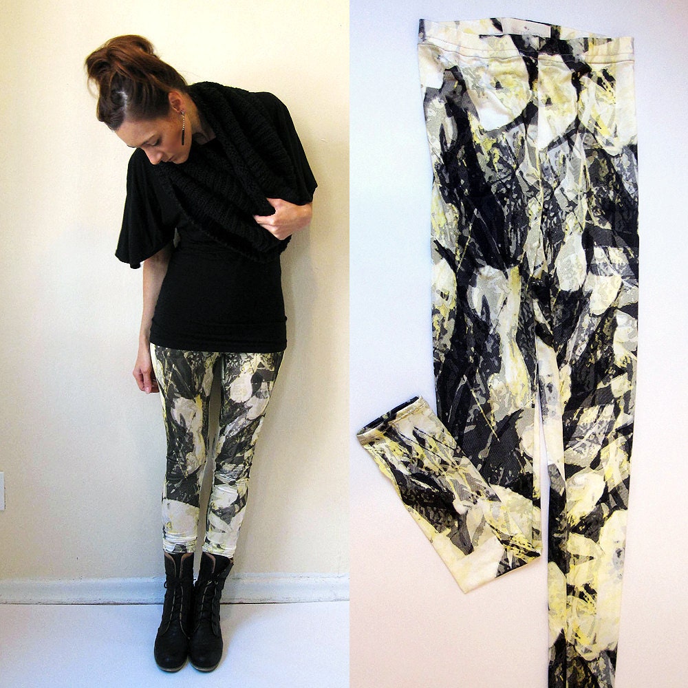 Black and yellow abstract print leggings / tights - XS, S, M, L, XL / Custom sizing available