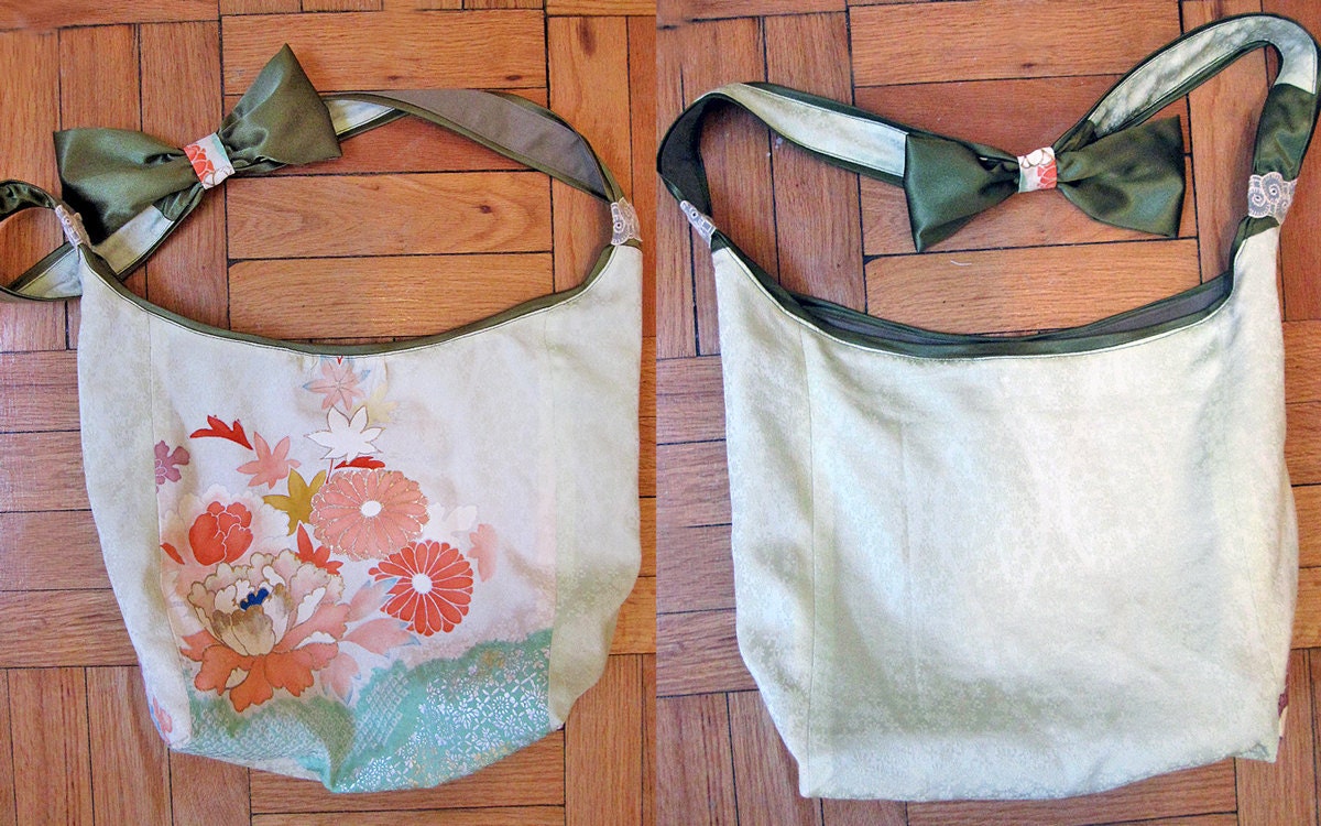 Boho Kimono large shoulder bag - One of a kind Vintage kimono silk and organic cotton canvas