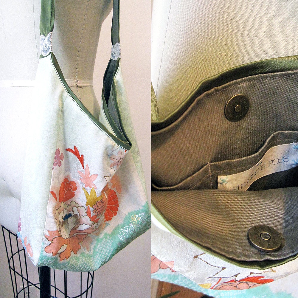 Boho Kimono large shoulder bag - One of a kind Vintage kimono silk and organic cotton canvas