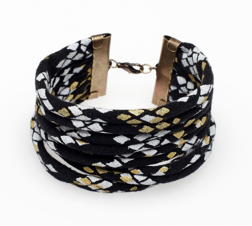 Hand Printed Snakeskin Cuff in Black Gold and White
