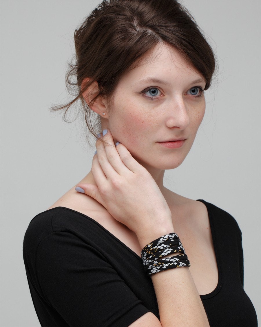 Hand Printed Snakeskin Cuff in Black Gold and White