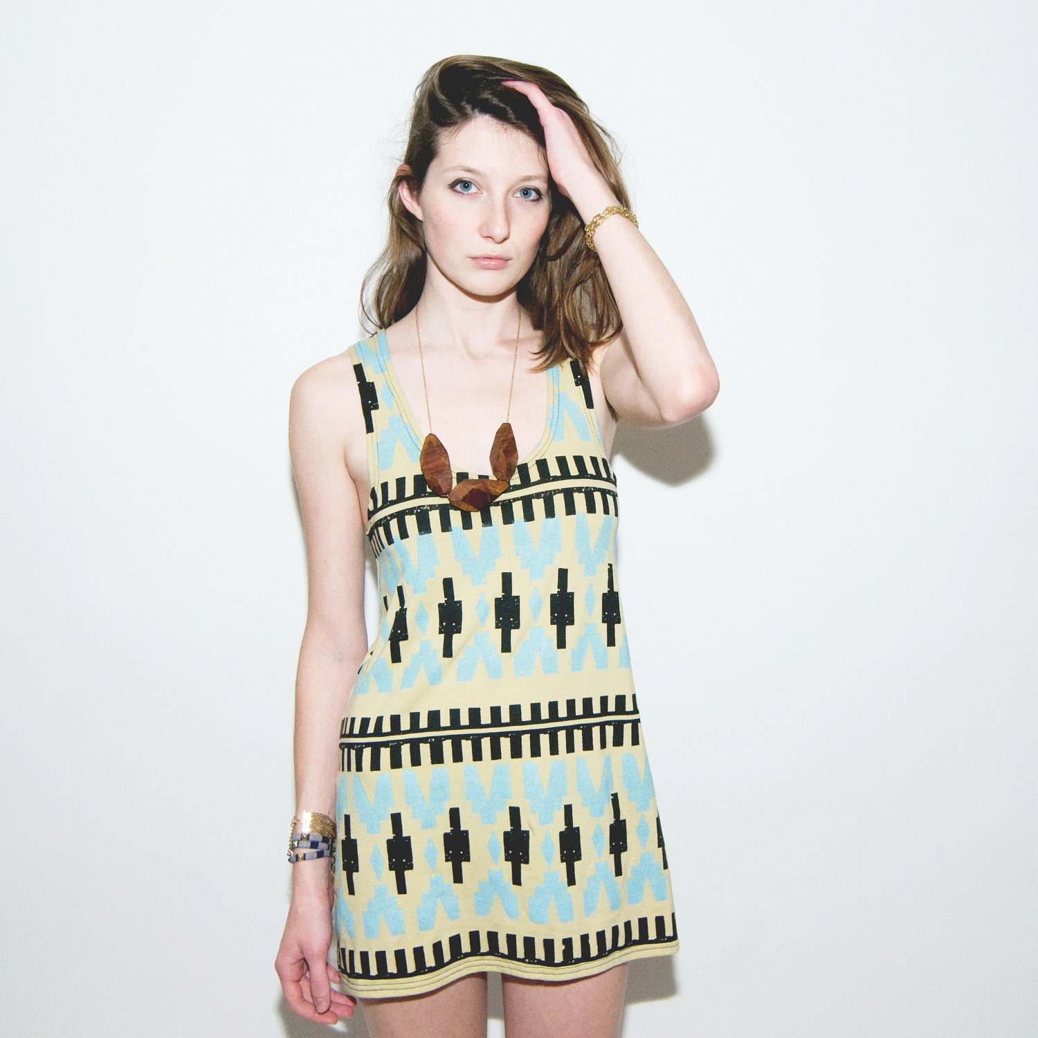 Byzantine Tank Dress in Mint and Black on Pistachio
