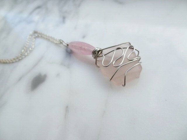 Half Price Sale - Pink Seaglass Necklace- Pretty with a Pink Bead-Beach Candies by Jessentials