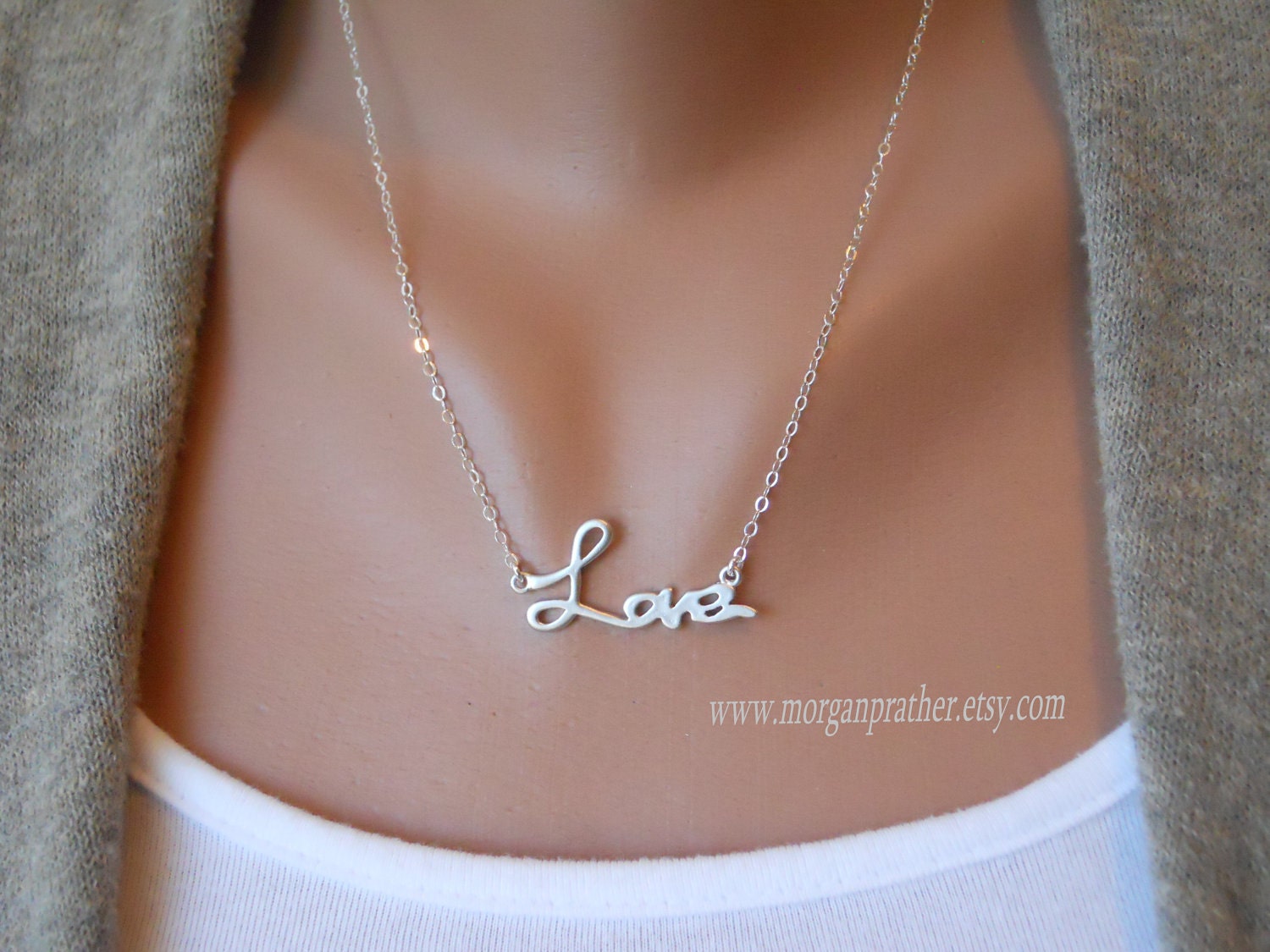 Love Necklace in Silver - Dainty Love Pendant Charm Suspended - Sterling Silver Chain - morganprather