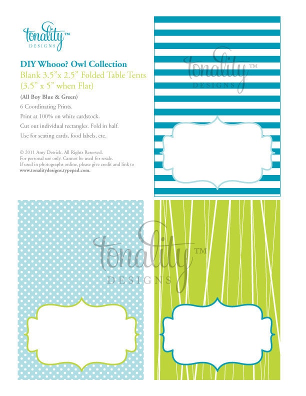 DIY Printable Blank Table Tents: Whooo Owl (All Boy Blue & Green)