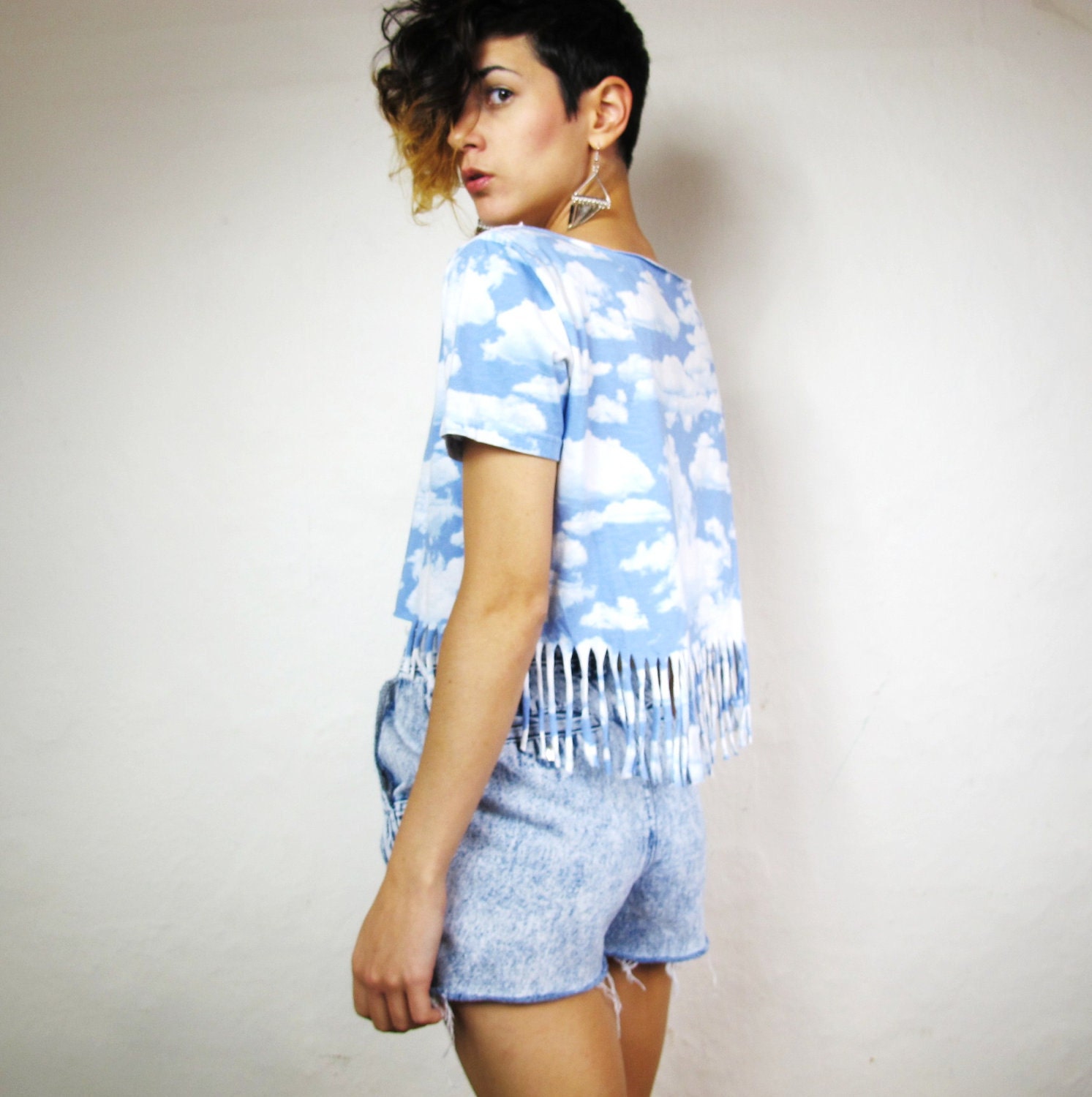 Cloud Print Fringe Crop Top (XS/S)