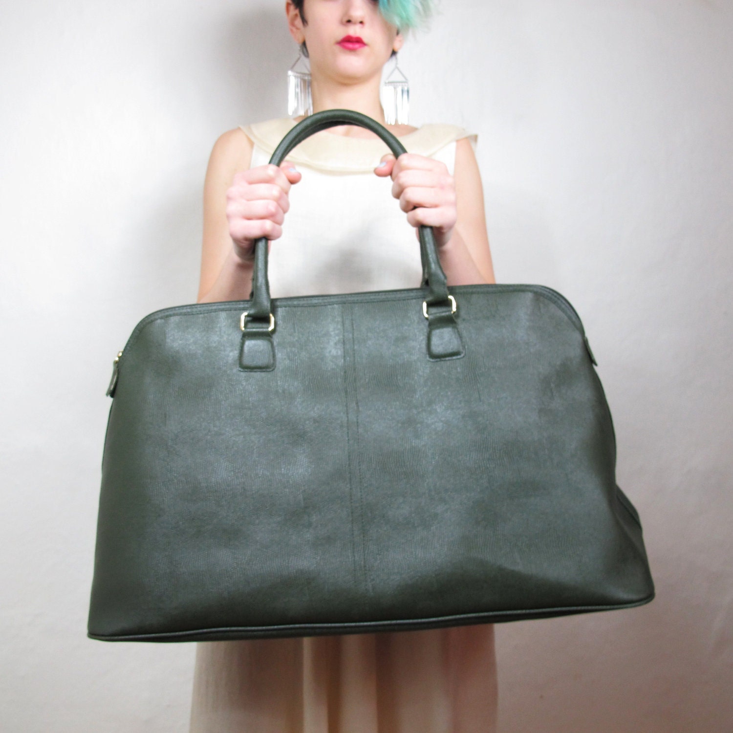 Large Avacado Pebbled Faux Leather Large Weekender Bag