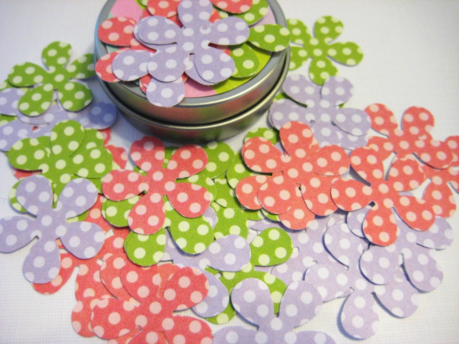 Polka dot flower confetti, pink, green, and purple, 48 pieces