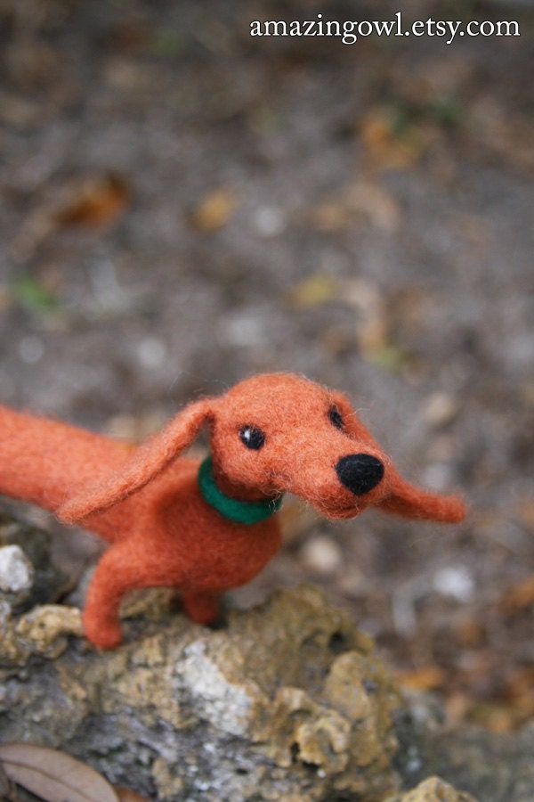 Orange Needle Felted Dachshund Dog Mini Sculpture